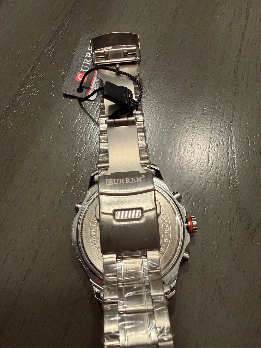 Men's Silver Stainless Steel Chronograph Watch with Black and Red Dial